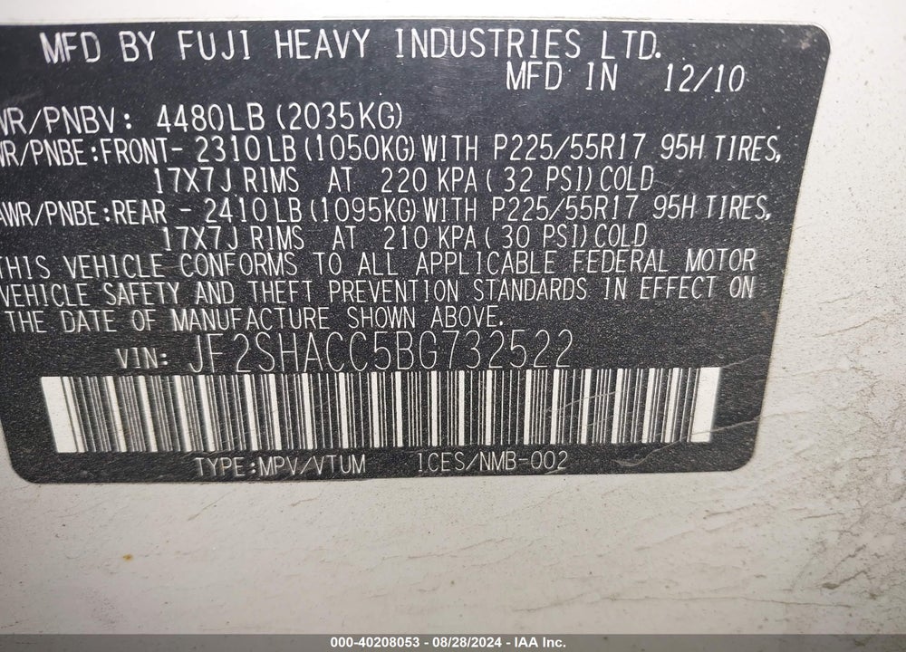 2011 SUBARU FORESTER 2.5X PREMIUM VIN: JF2SHACC5BG732522