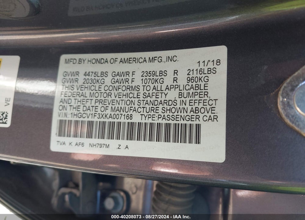 2019 HONDA ACCORD SPORT VIN: 1HGCV1F3XKA007168