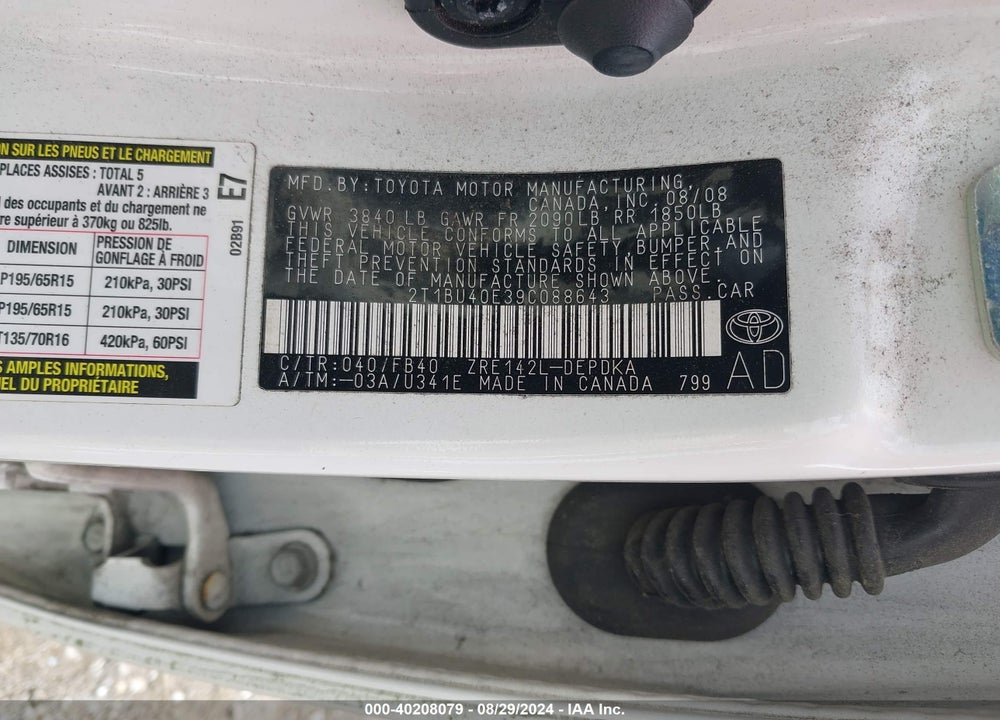 2009 TOYOTA COROLLA LE VIN: 2T1BU40E39C088643
