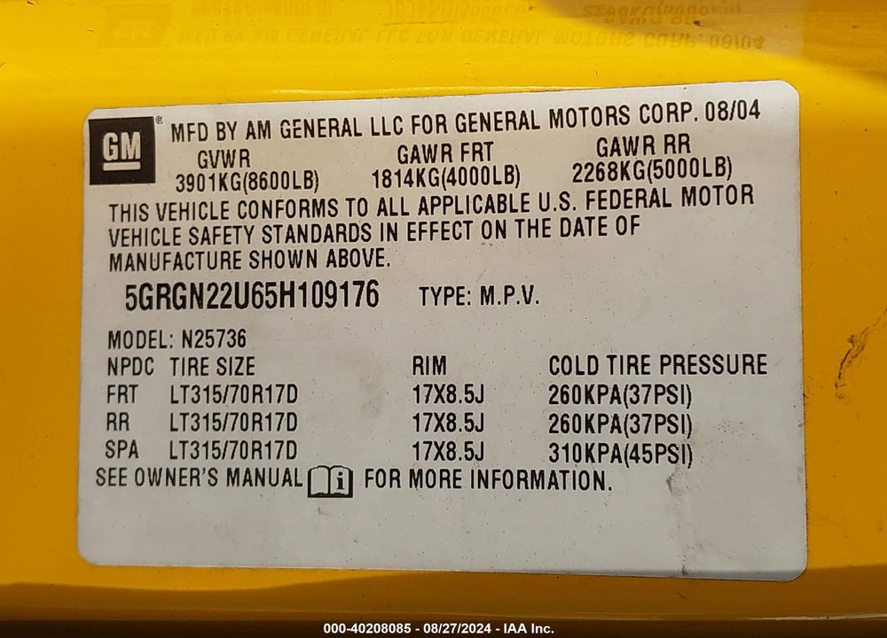 2005 HUMMER H2 SUT VIN: 5GRGN22U65H109176