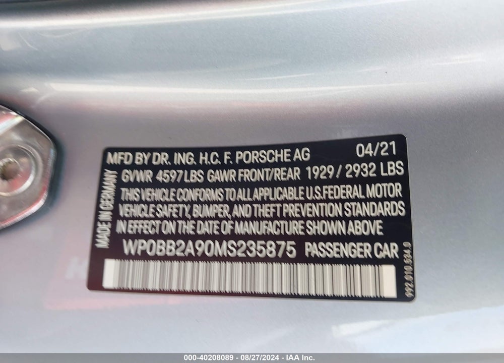 2021 PORSCHE 911 TARGA 4S/TARGA 4S HERITAGE DESIGN EDITION VIN: WP0BB2A90MS235875