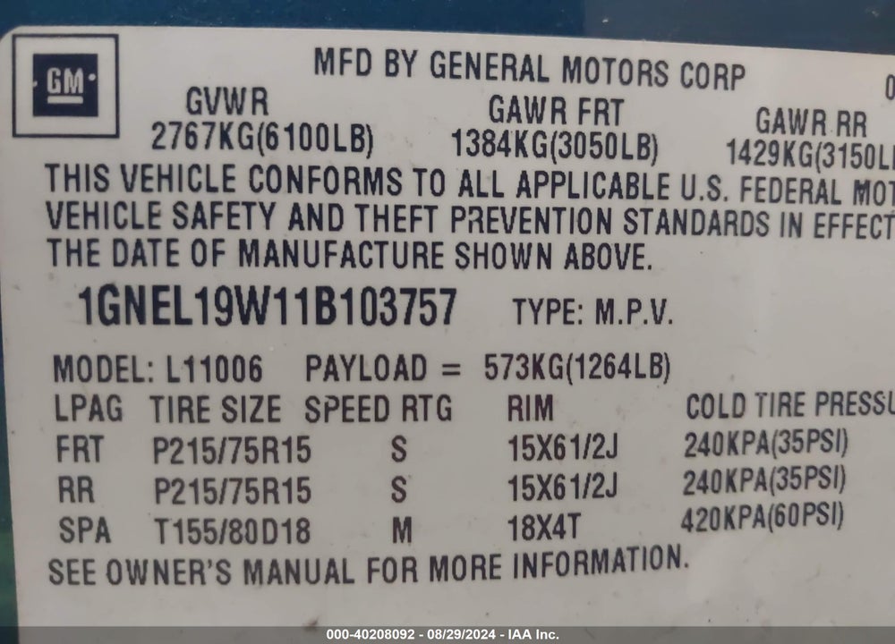 2001 CHEVROLET ASTRO LS VIN: 1GNEL19W11B103757