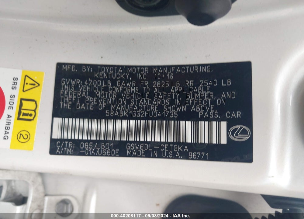 2017 LEXUS ES 350 VIN: 58ABK1GG2HU041735