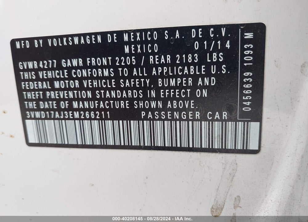 2014 VOLKSWAGEN JETTA 1.8T SE VIN: 3VWD17AJ3EM266211