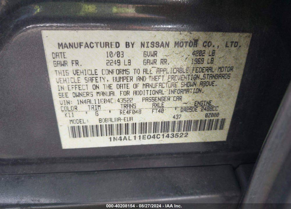 2004 NISSAN ALTIMA 2.5 SL VIN: 1N4AL11E04C143522