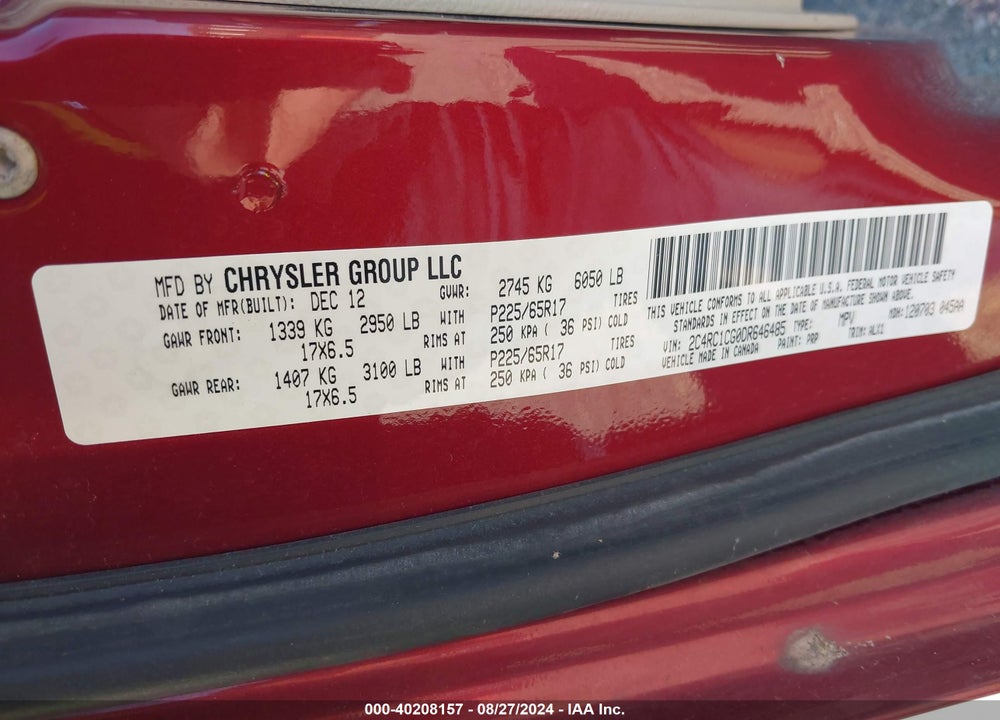 2013 CHRYSLER TOWN & COUNTRY TOURING-L VIN: 2C4RC1CG0DR646485