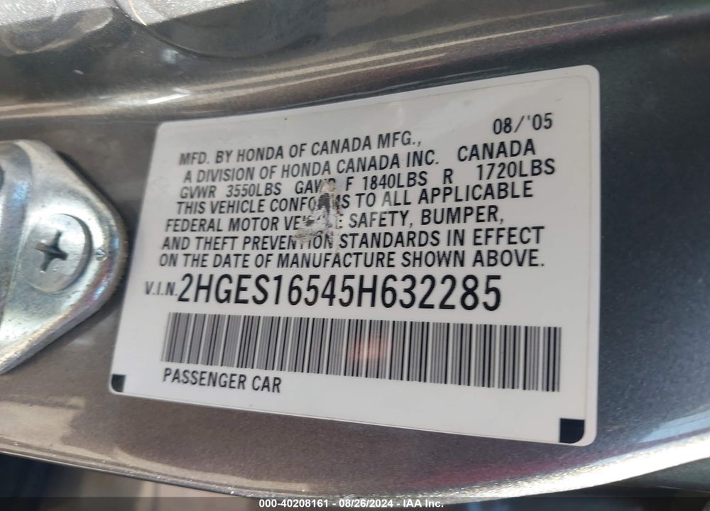 2005 HONDA CIVIC LX VIN: 2HGES16545H632285