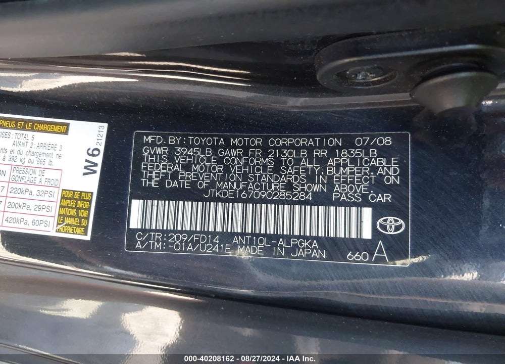 2009 SCION TC VIN: JTKDE167090285284