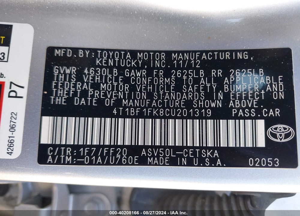 2012 TOYOTA CAMRY VIN: 4T1BF1FK8CU201319