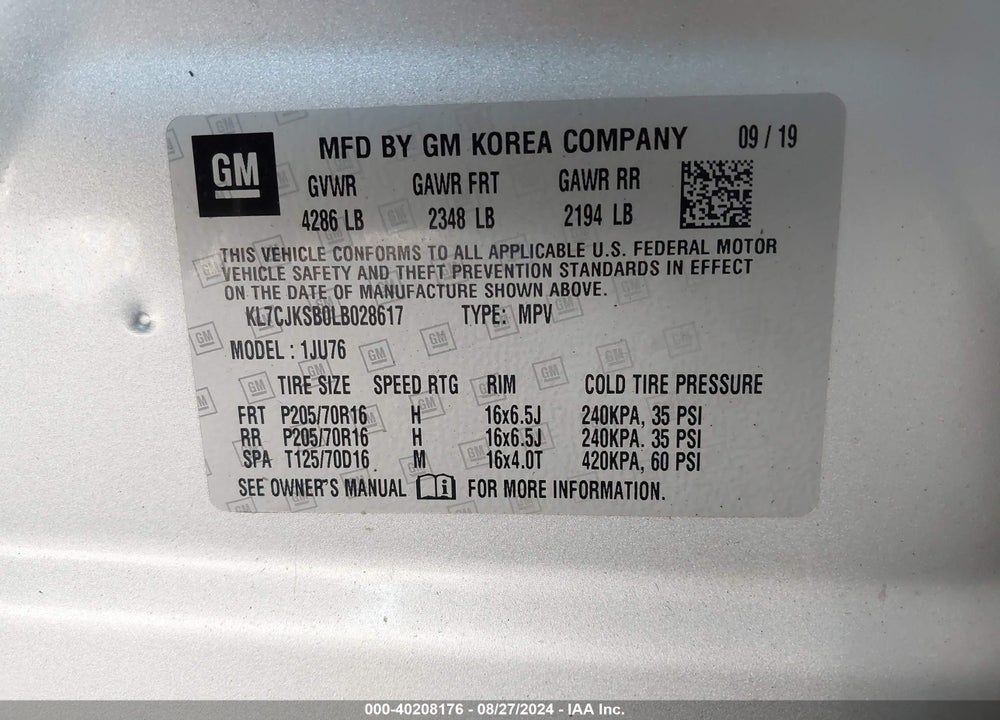 2020 CHEVROLET TRAX FWD LS VIN: KL7CJKSB0LB028617