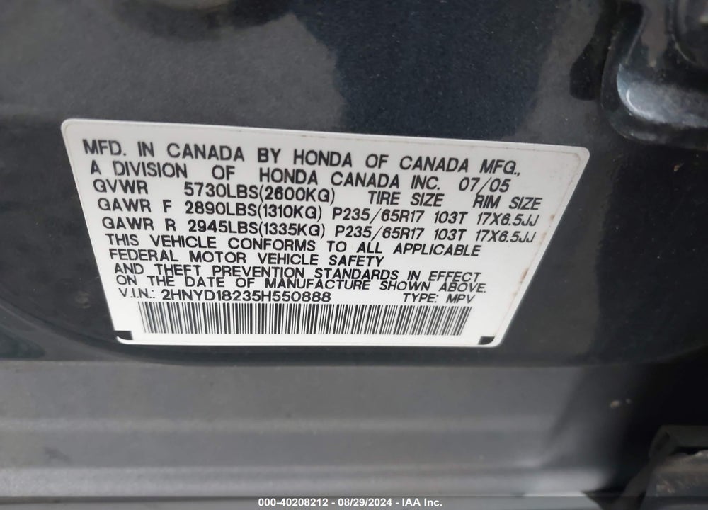 2005 ACURA MDX VIN: 2HNYD18235H550888