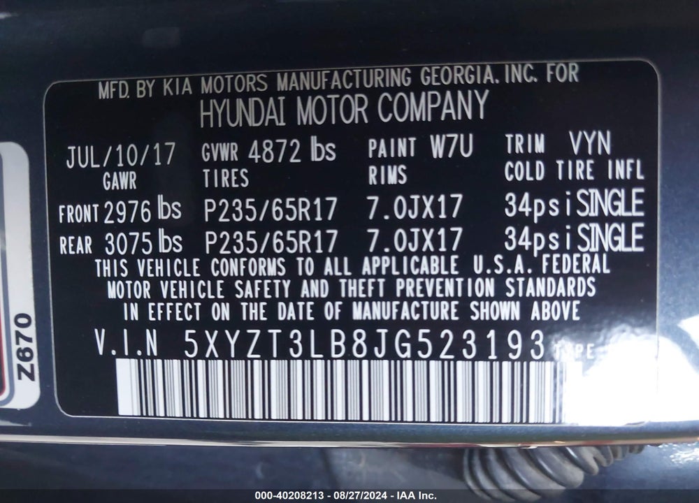 2018 HYUNDAI SANTA FE SPORT 2.4L VIN: 5XYZT3LB8JG523193
