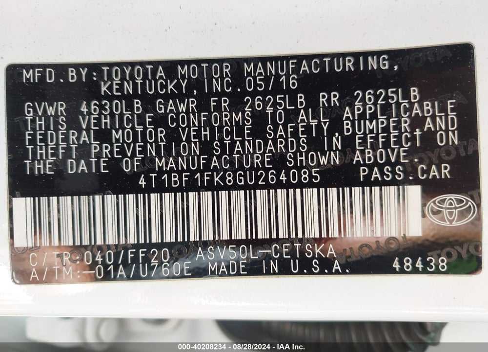 2016 TOYOTA CAMRY SE VIN: 4T1BF1FK8GU264085