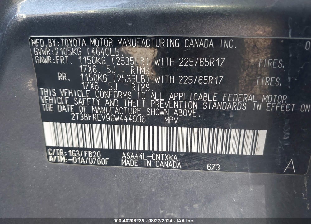 2016 TOYOTA RAV4 LE VIN: 2T3BFREV9GW444936
