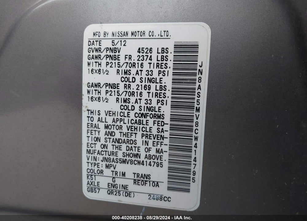2012 NISSAN ROGUE VIN: JN8AS5MV8CW414795