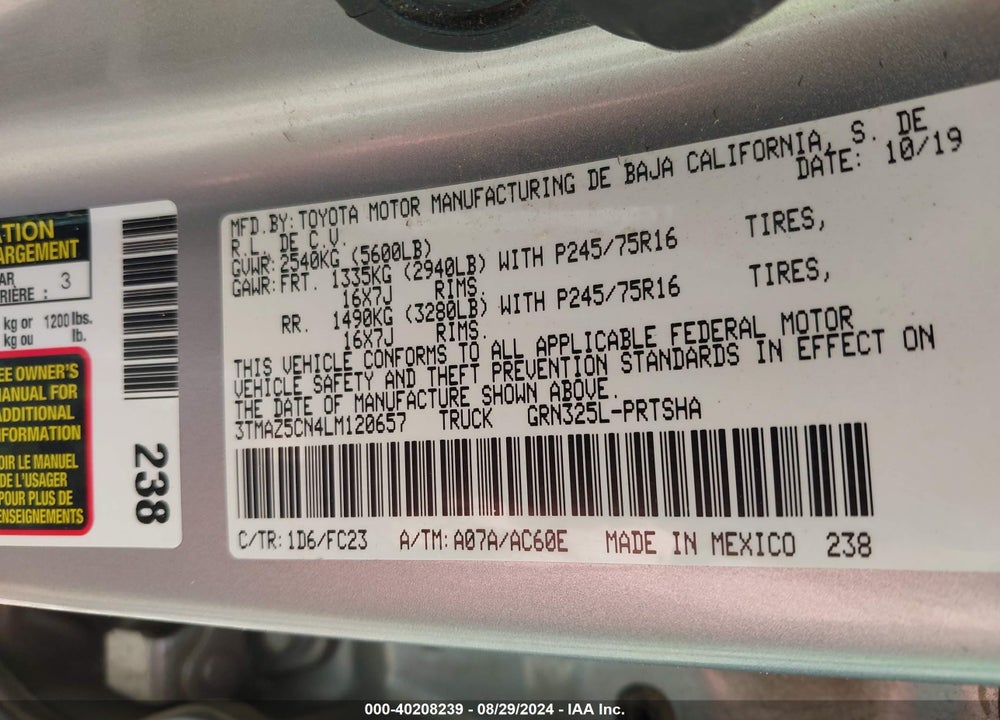 2020 TOYOTA TACOMA SR5 V6 VIN: 3TMAZ5CN4LM120657