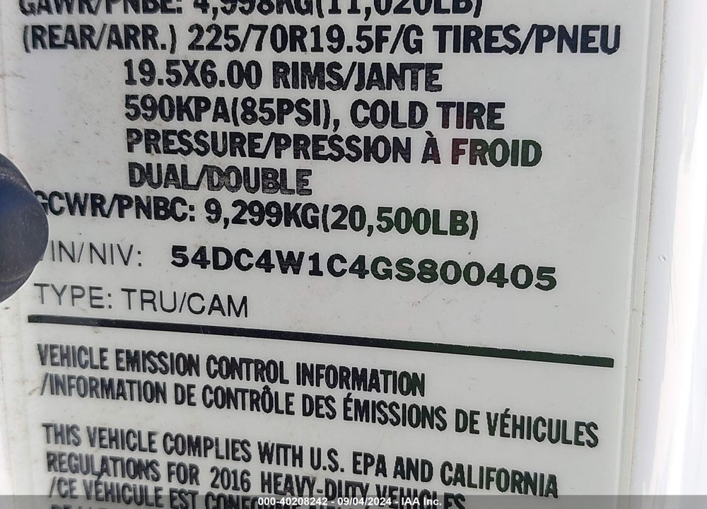 2016 ISUZU NPR HD GAS REG VIN: 54DC4W1C4GS800405