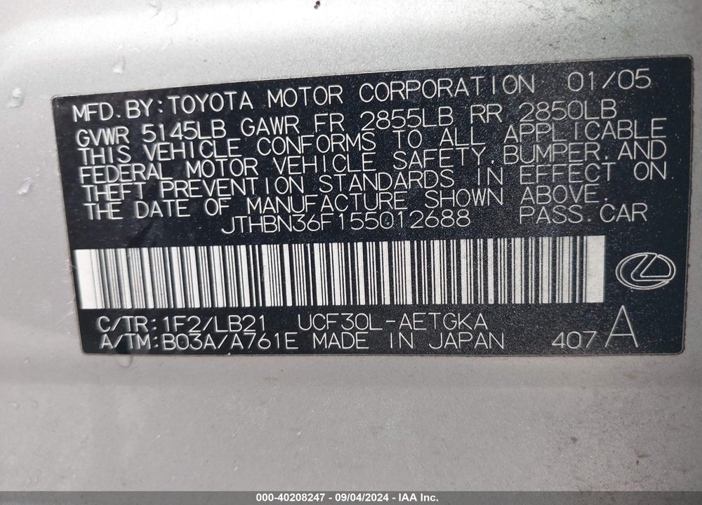 2005 LEXUS LS 430 VIN: JTHBN36F155012688