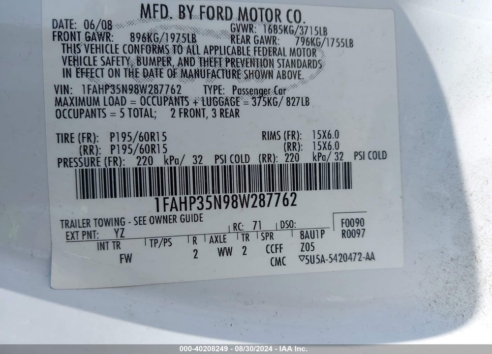 2008 FORD FOCUS SE/SES VIN: 1FAHP35N98W287762