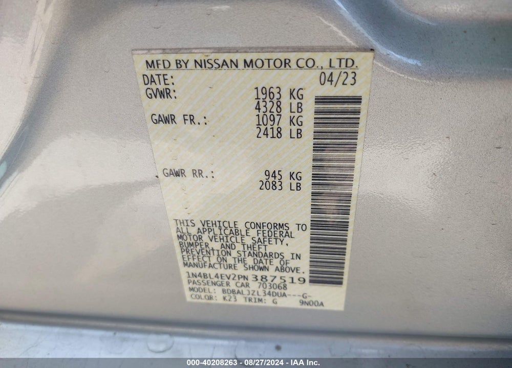 2023 NISSAN ALTIMA SL FWD VIN: 1N4BL4EV2PN387519