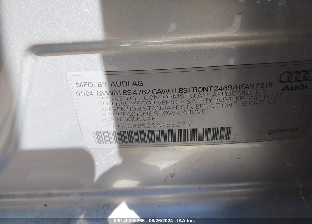 2004 AUDI A4 1.8T VIN: WAULC68E24A183275