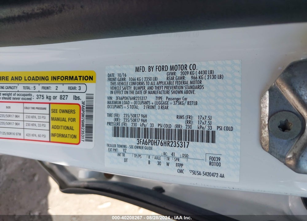 2017 FORD FUSION SE VIN: 3FA6P0H76HR235317