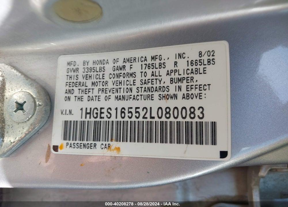 2002 HONDA CIVIC LX VIN: 1HGES16552L080083