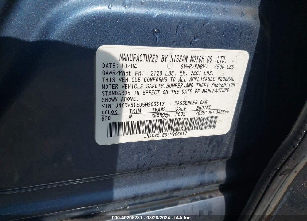 2005 INFINITI G35 VIN: JNKCV51E05M206617