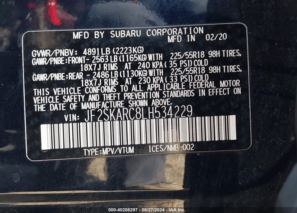 2020 SUBARU FORESTER VIN: JF2SKARC8LH534229
