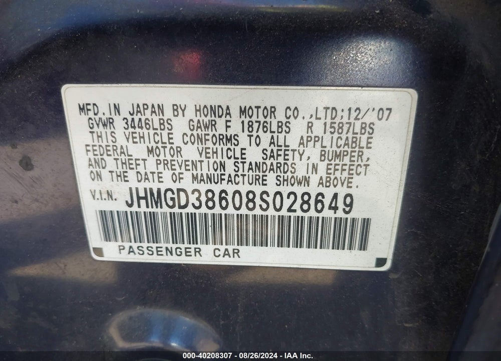 2008 HONDA FIT SPORT VIN: JHMGD38608S028649