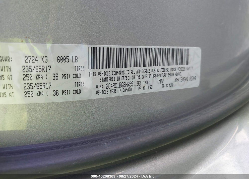 2017 CHRYSLER PACIFICA TOURING L VIN: 2C4RC1BG8HR591193