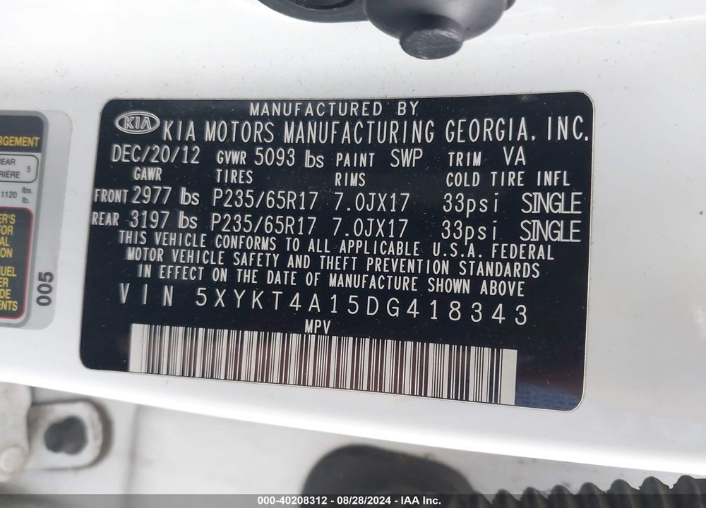 2013 KIA SORENTO VIN: 5XYKT4A15DG418343