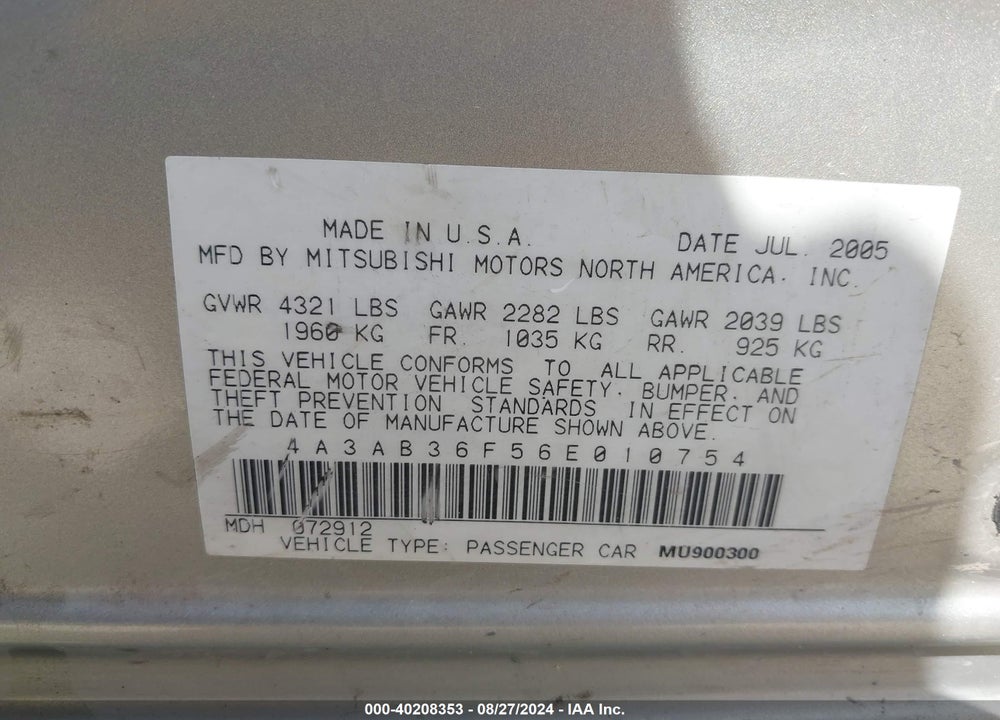 2006 MITSUBISHI GALANT ES/SE VIN: 4A3AB36F56E010754