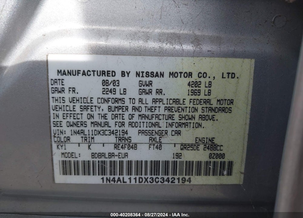 2003 NISSAN ALTIMA 2.5 S VIN: 1N4AL11DX3C342194