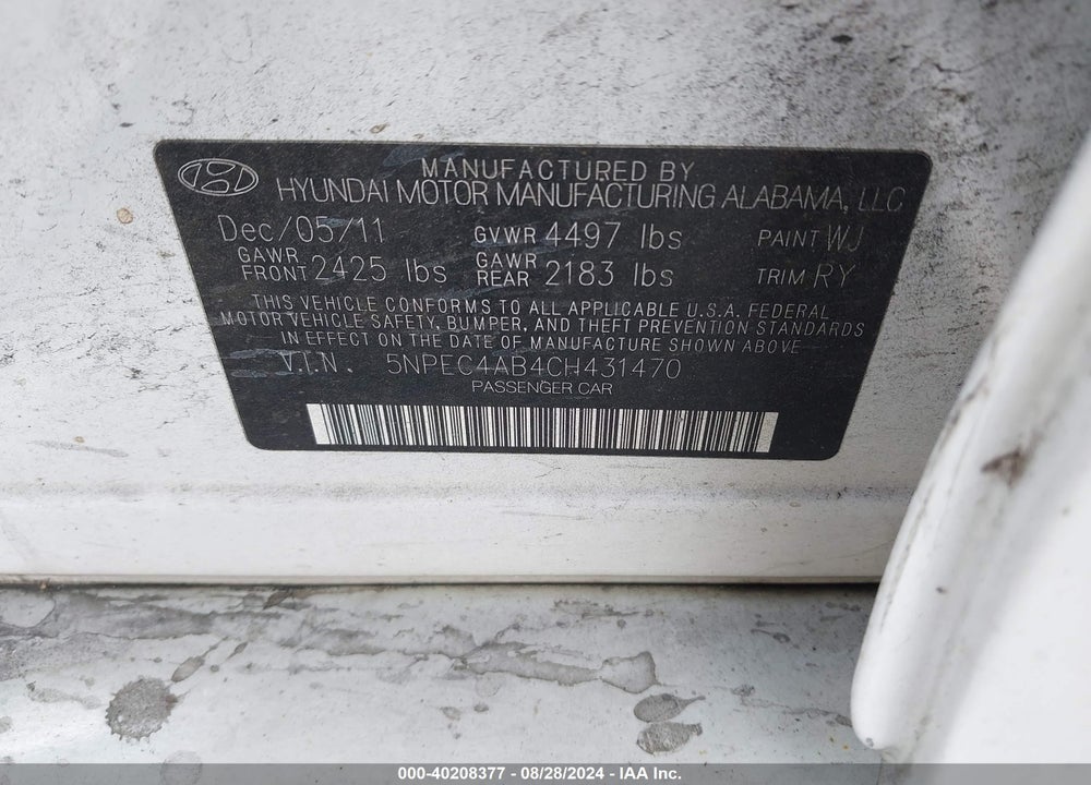 2012 HYUNDAI SONATA LIMITED 2.0T VIN: 5NPEC4AB4CH431470