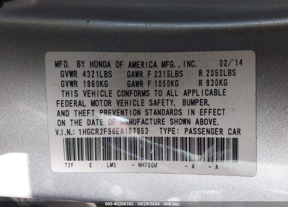 2014 HONDA ACCORD SPORT VIN: 1HGCR2F56EA167953