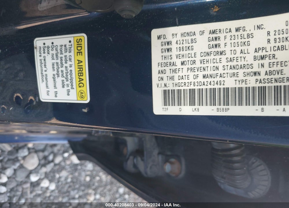2013 HONDA ACCORD EX-L VIN: 1HGCR2F83DA243492