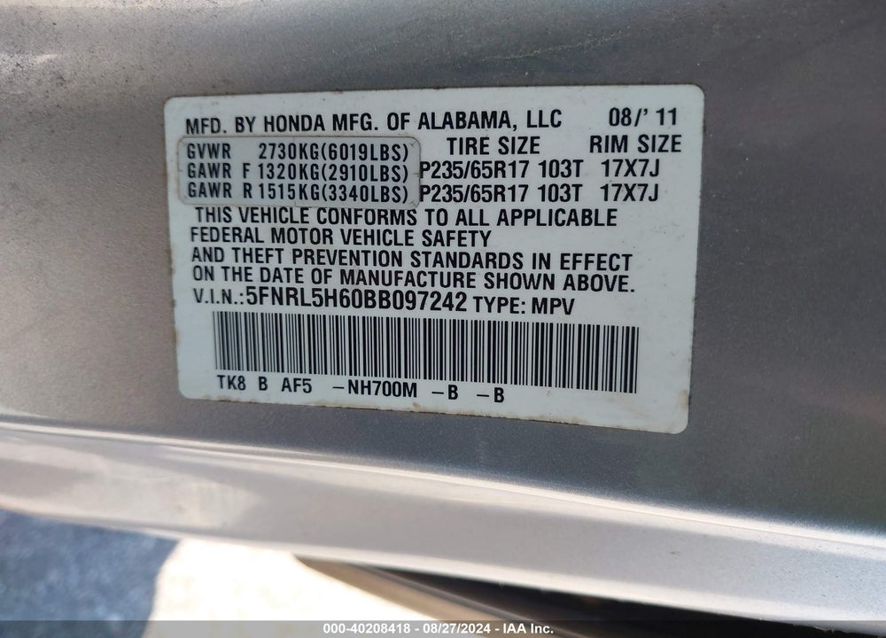 2011 HONDA ODYSSEY EX-L VIN: 5FNRL5H60BB097242