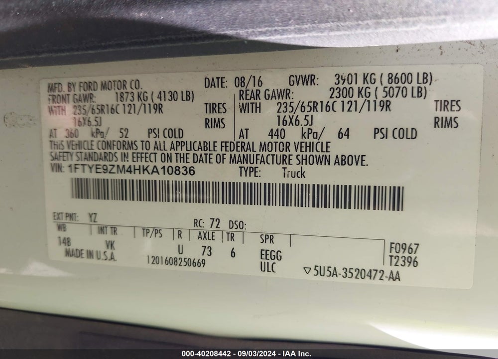 2017 FORD TRANSIT-150 VIN: 1FTYE9ZM4HKA10836