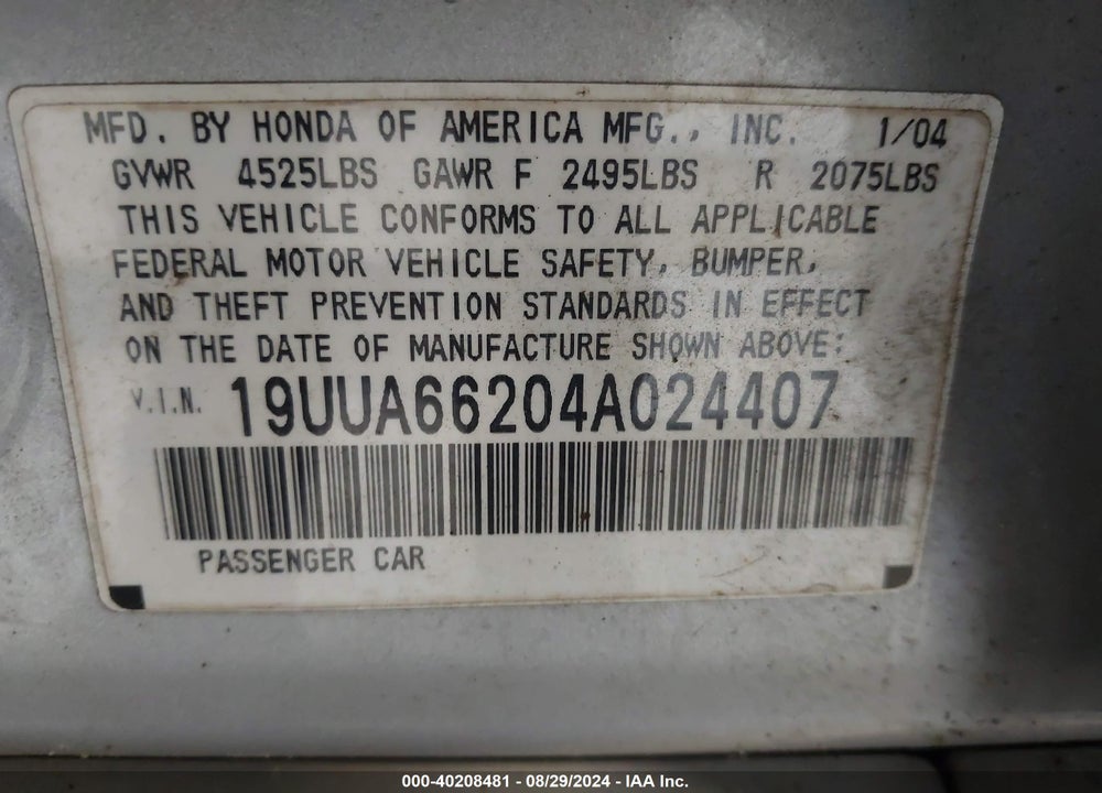 2004 ACURA TL VIN: 19UUA66204A024407