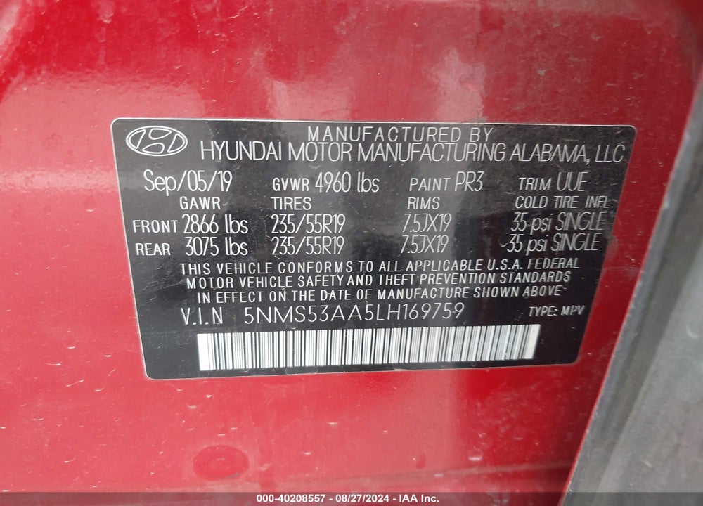 2020 HYUNDAI SANTA FE LIMITED 2.0T VIN: 5NMS53AA5LH169759