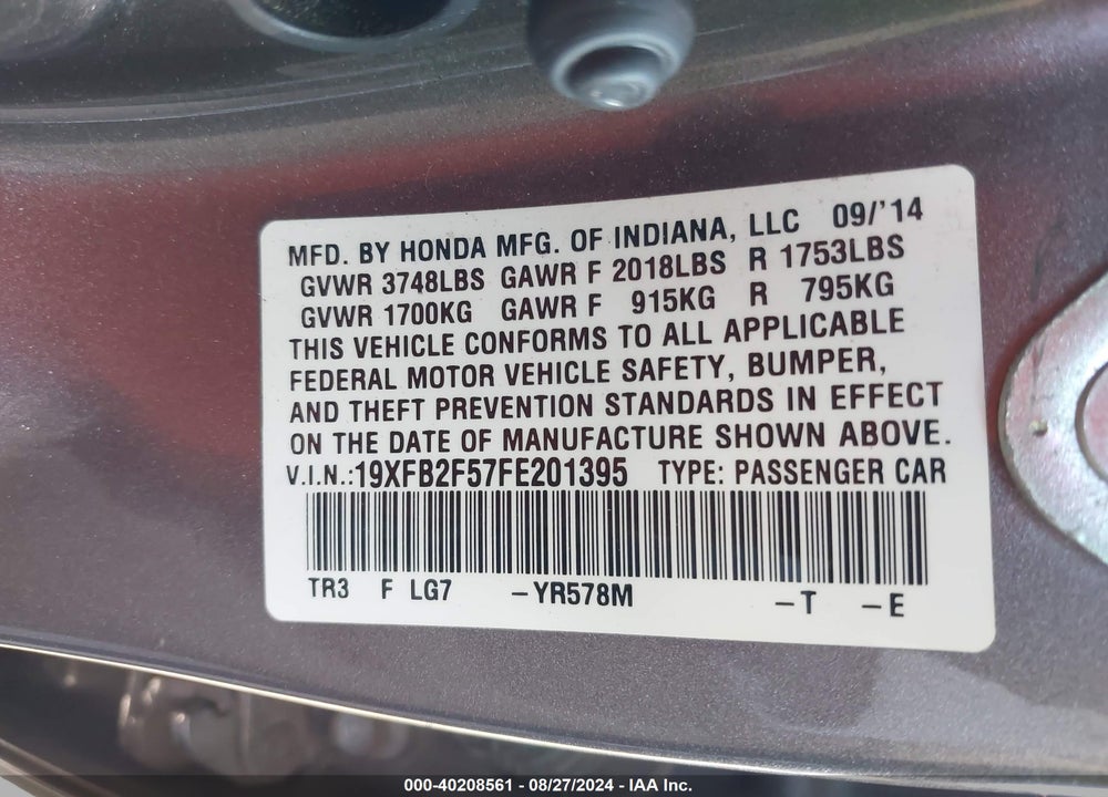 2015 HONDA CIVIC LX VIN: 19XFB2F57FE201395
