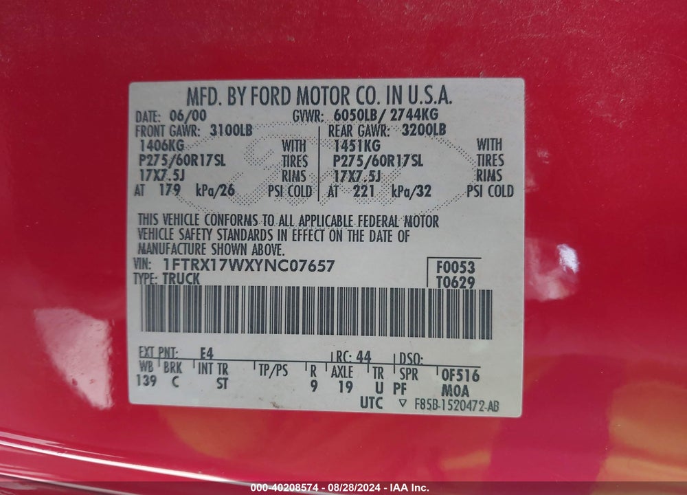 2000 FORD F-150 LARIAT/WORK SERIES/XL/XLT VIN: 1FTRX17WXYNC07657
