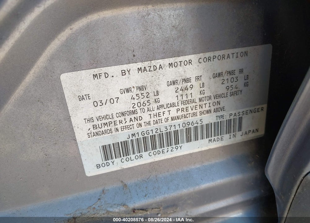 2007 MAZDA SPEED6 SPORT VIN: JM1GG12L371109645