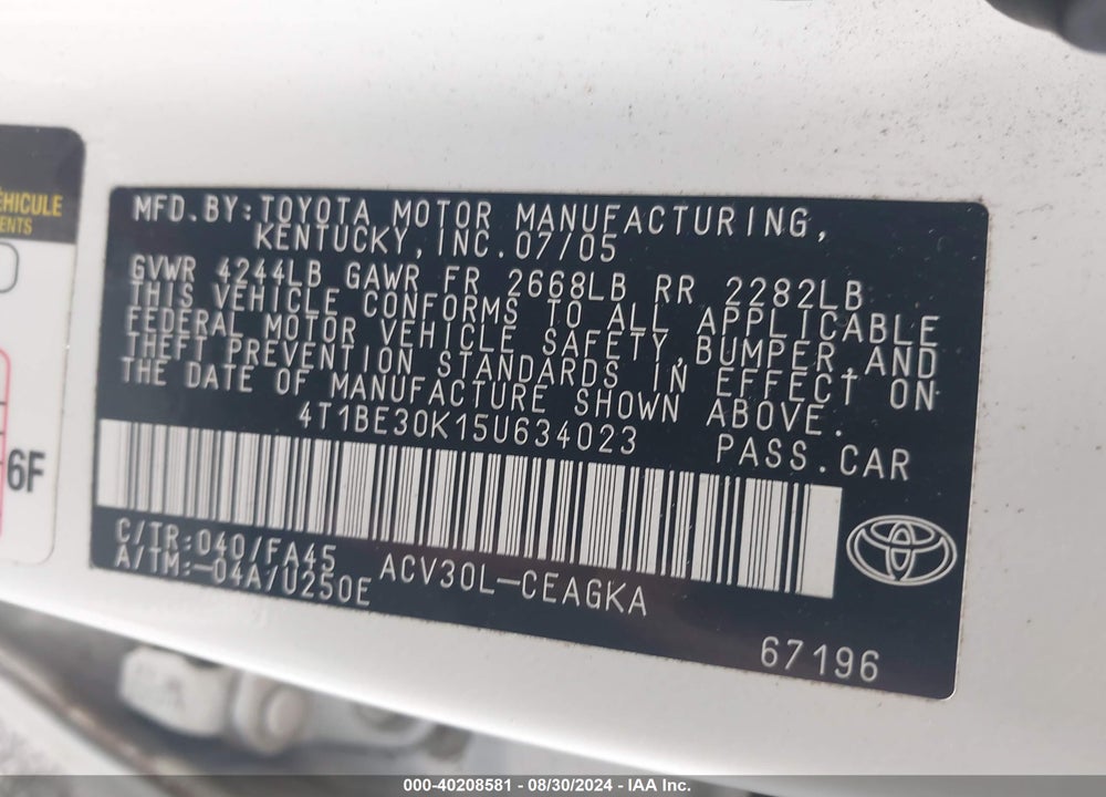 2005 TOYOTA CAMRY XLE VIN: 4T1BE30K15U634023