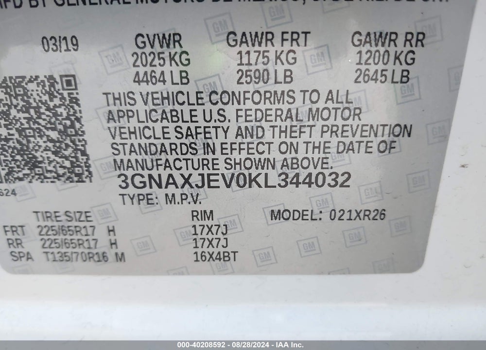2019 CHEVROLET EQUINOX LT VIN: 3GNAXJEV0KL344032