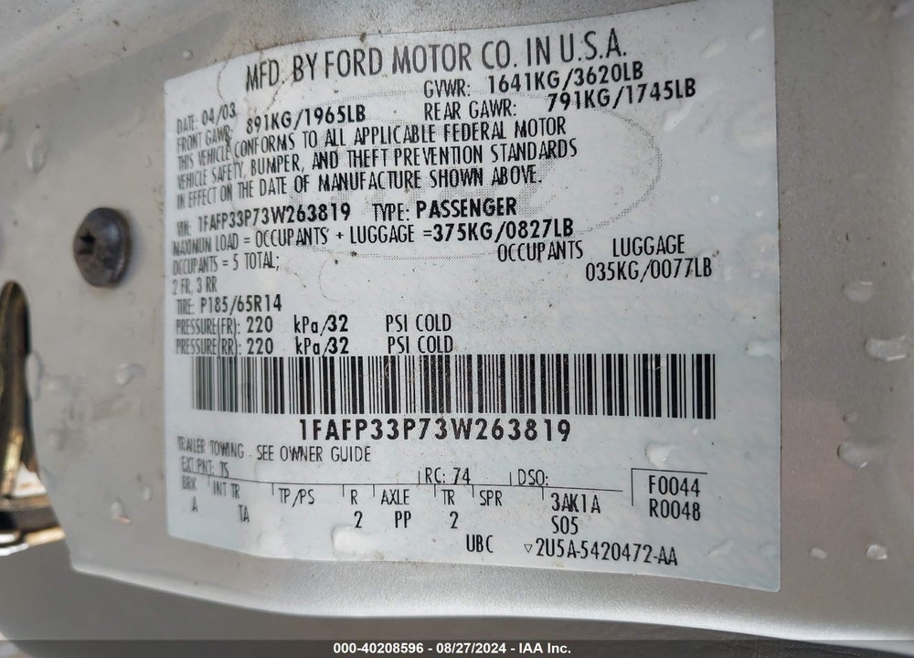 2003 FORD FOCUS LX VIN: 1FAFP33P73W263819
