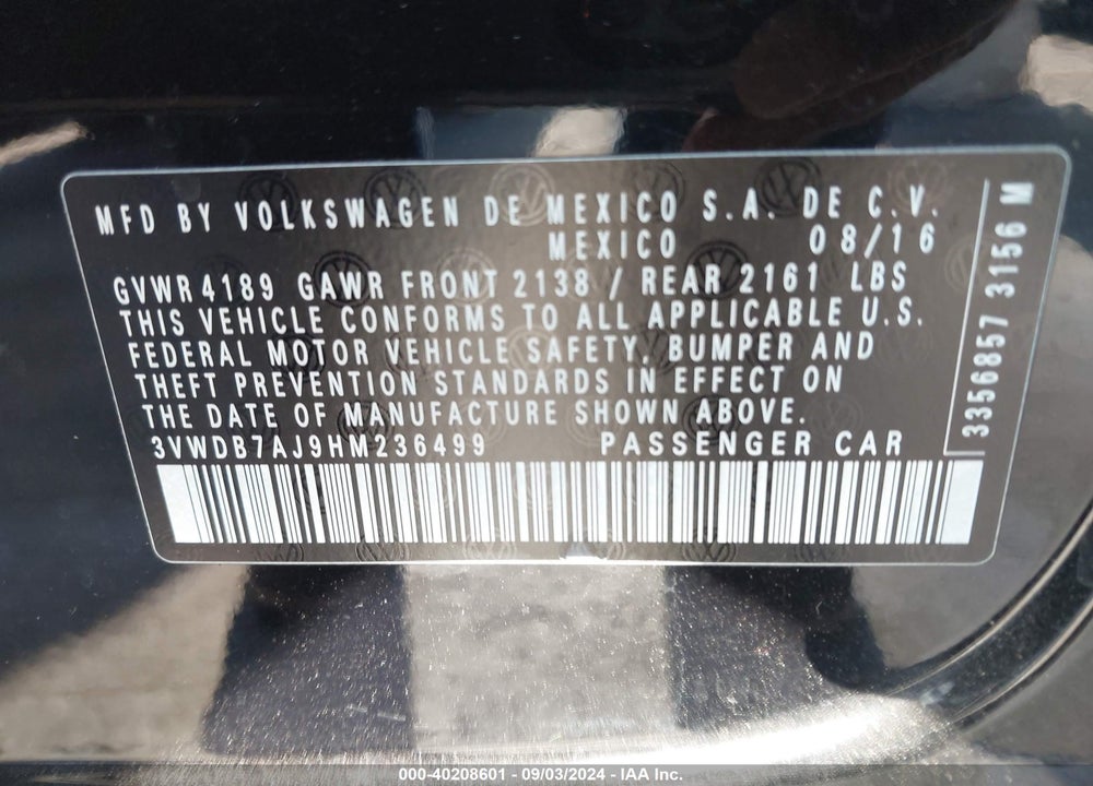 2017 VOLKSWAGEN JETTA 1.4T SE VIN: 3VWDB7AJ9HM236499