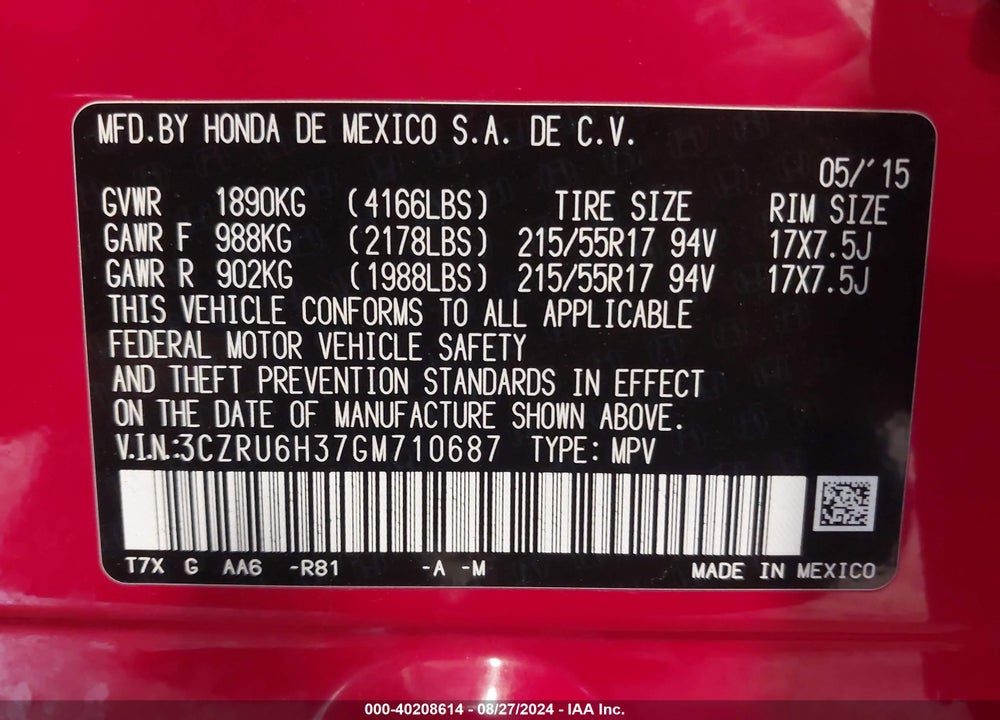 2016 HONDA HR-V LX VIN: 3CZRU6H37GM710687