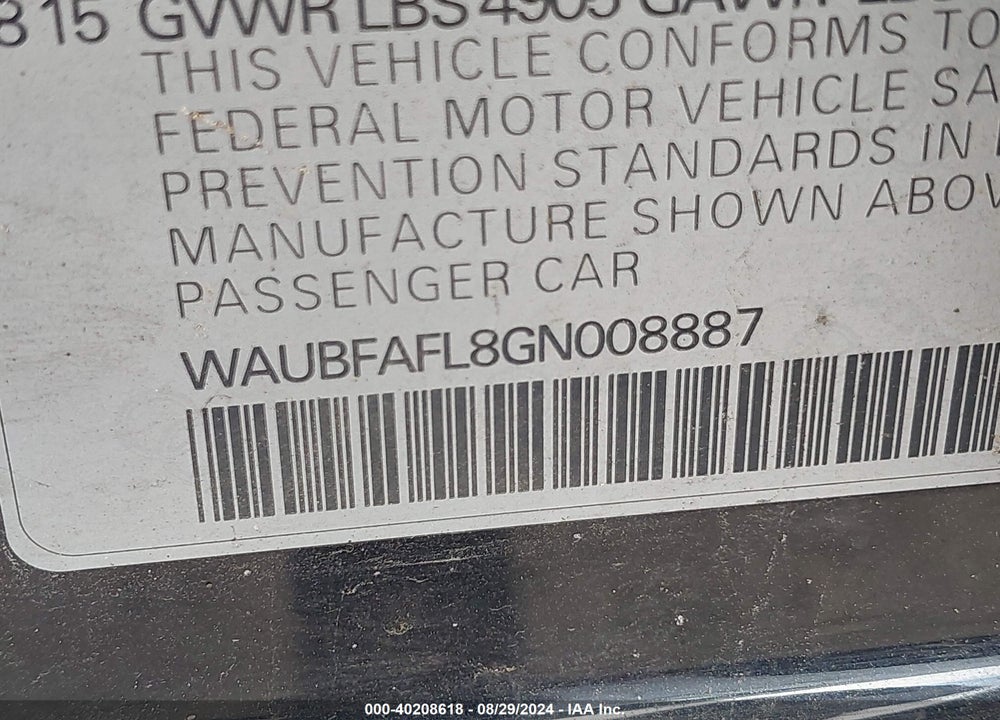 2016 AUDI A4 2.0T PREMIUM VIN: WAUBFAFL8GN008887